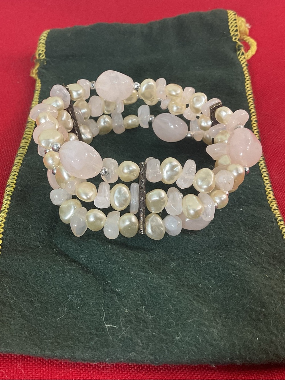 Vintage Pink Rose Quartz Freshwater Pearl Stretch Bracelet Multi Strand Boho